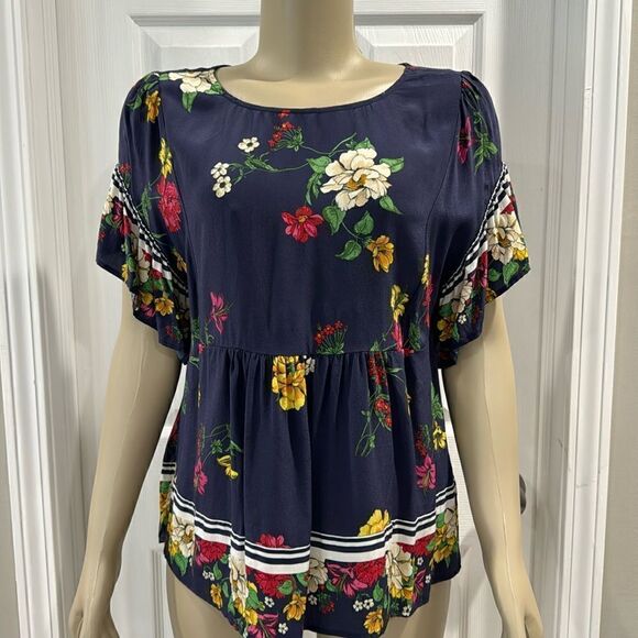 JOIE RUFFLE SLEEVE FLORAL SILK BLOUSE. - Picture 1 of 7
